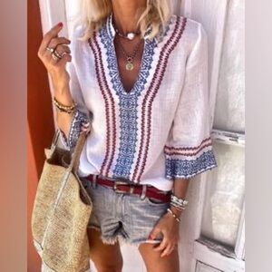 Etoile Coral Mykonos Long Sleeve Blouse NWOT White Peasant Blouse $295
